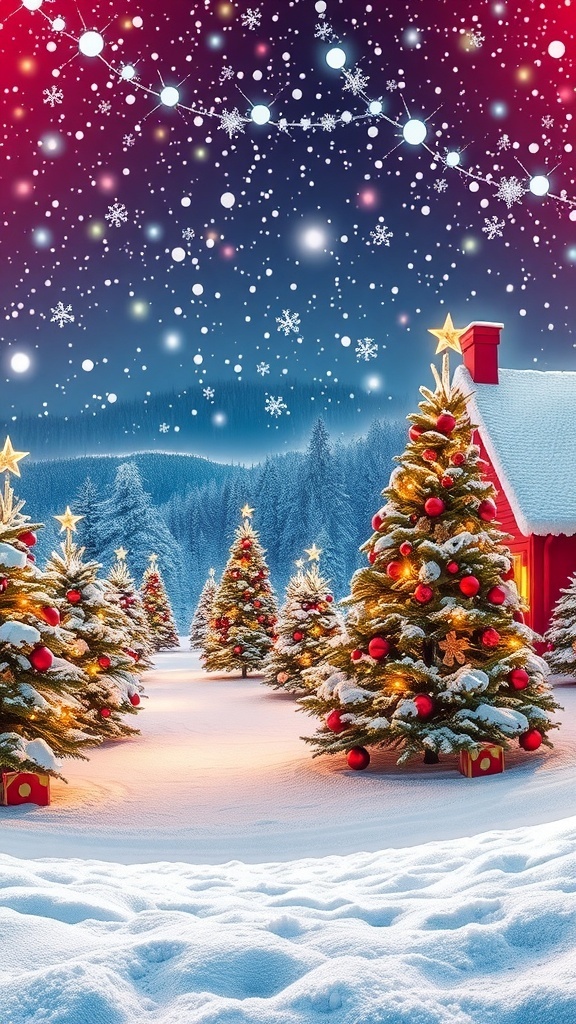 Festive Christmas Background A cheerful Christmas background with snowflakes, Christmas trees, and twinkling lights.